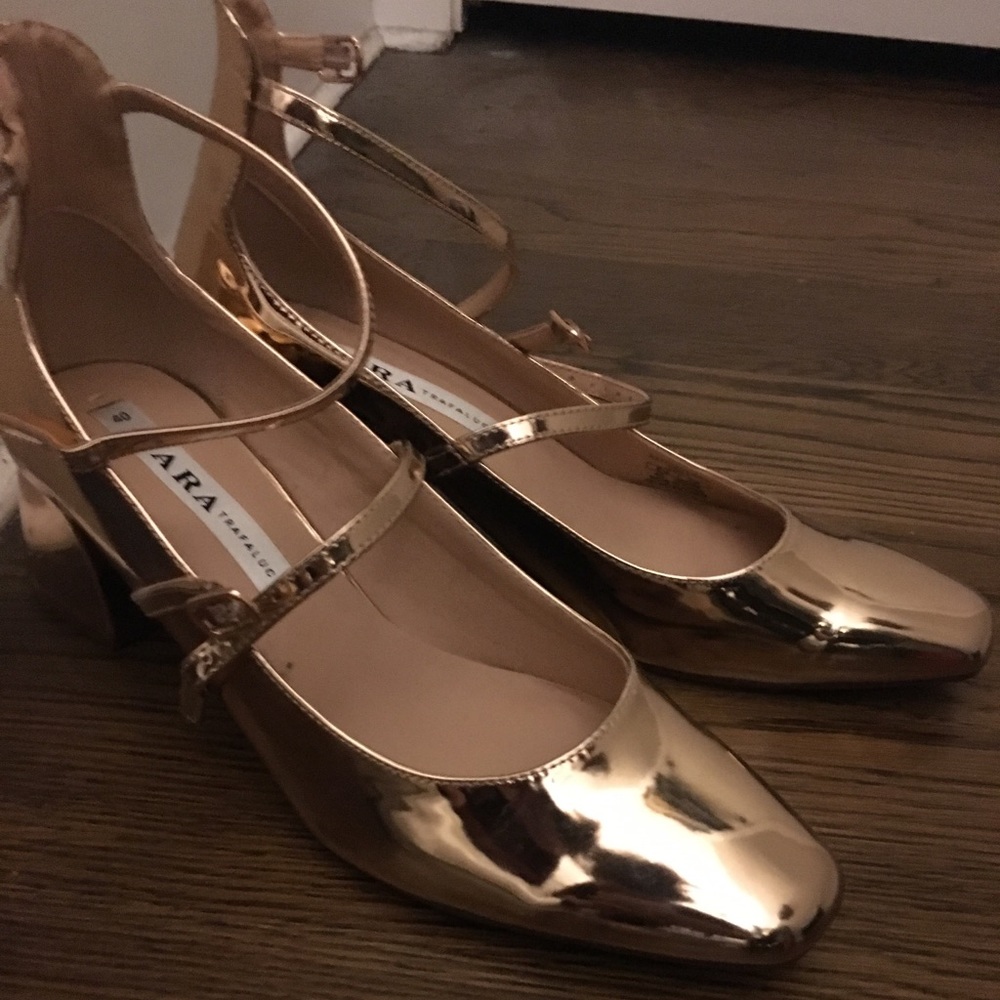 Metallic patent leather block heels